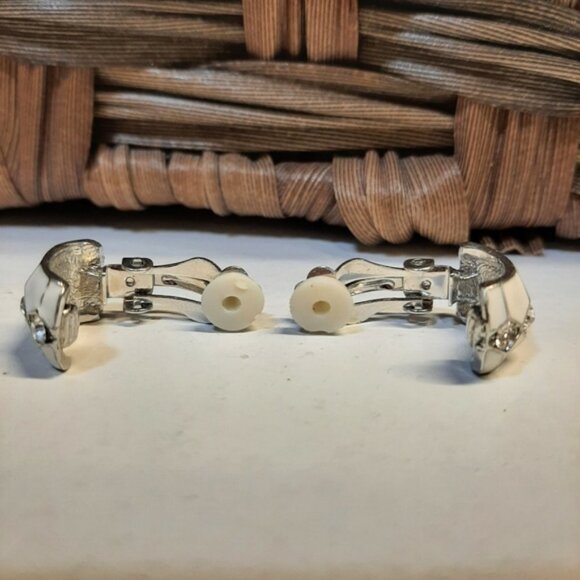 VINTAGE 90's Clip On Cuff Earrings Enamel Rhinestone Silver Estate Costume - Picture 9 of 9